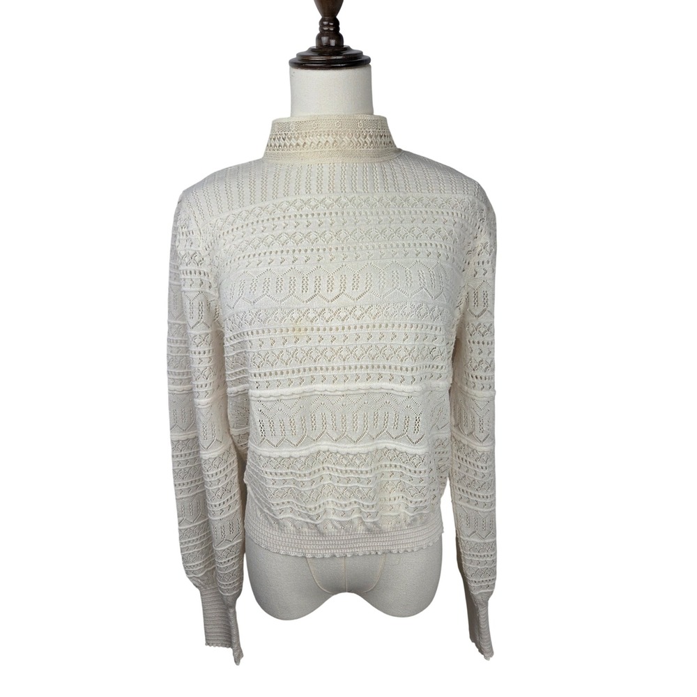 Zara Pointelle Openwork Lace Top Large Cream High Neck Balloon Sleeve